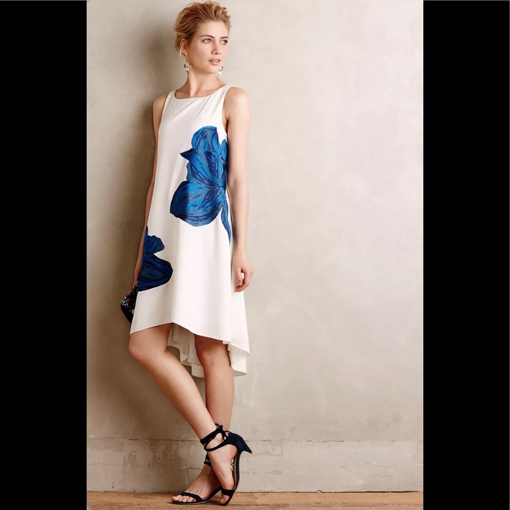 Anthropologie Ranna Gill Size Small White With Blue Floral Embroidered Dress